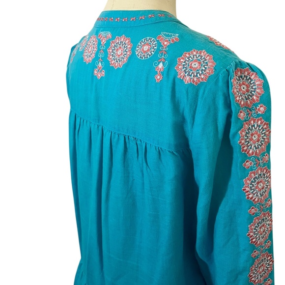 Tasha Polizzi Turquoise Long Sleeve Embroidered Linen Top Size Small - Picture 3 of 7